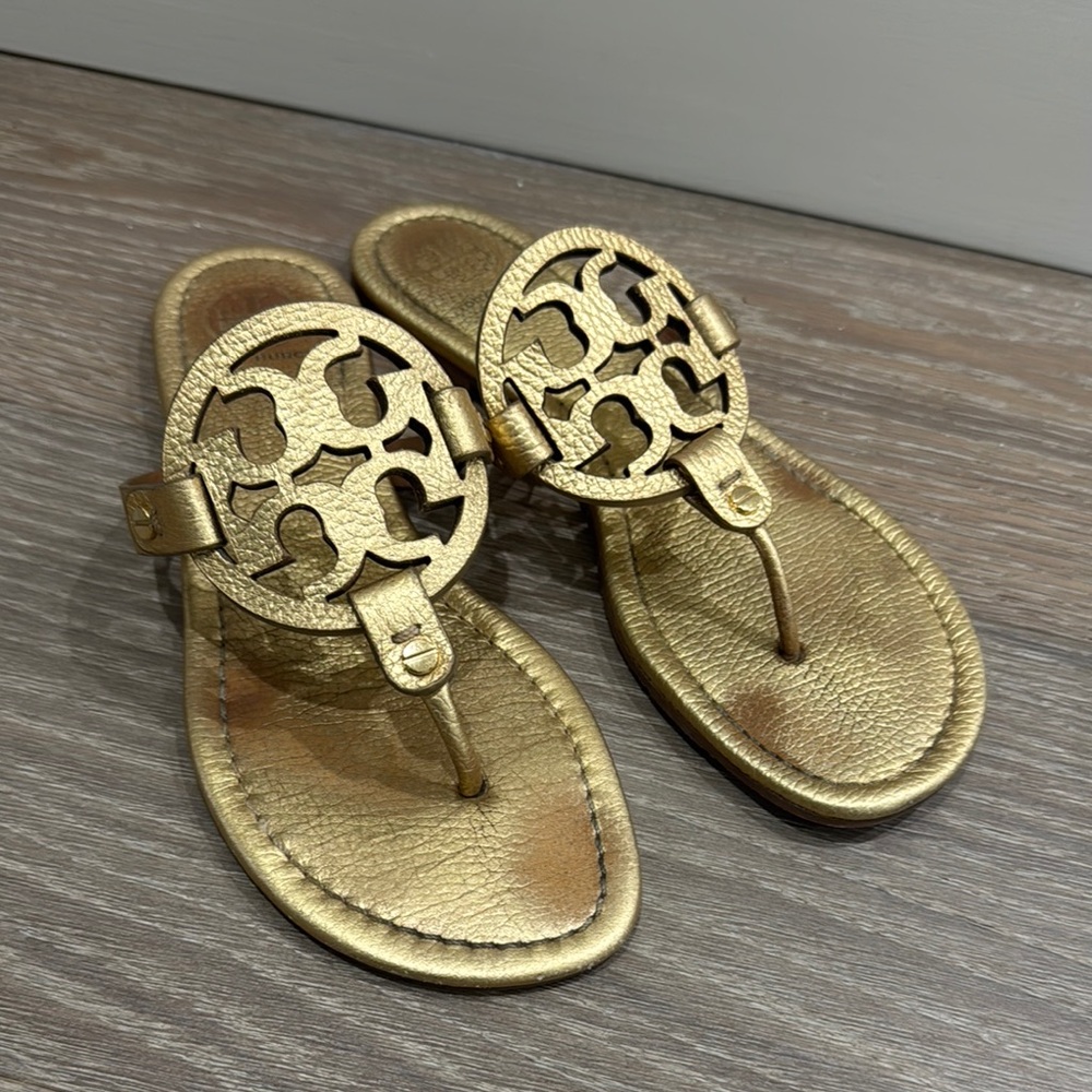 Tory Burch Gold Sandals with Iconic Logo